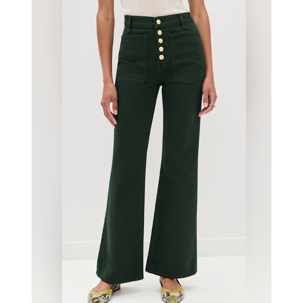 Ulla Johnson Lou Forest Green High Rise Flare Gold Button Patch Pocket Jeans 27